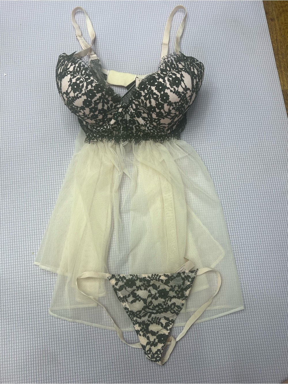 Victoria's Secret Cream Mesh Babydoll with Black Lace Detail